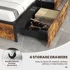 Twin bed frame with 4 storage drawers, rustic wood grain finish, and flexible wheels for easy movement and organization.