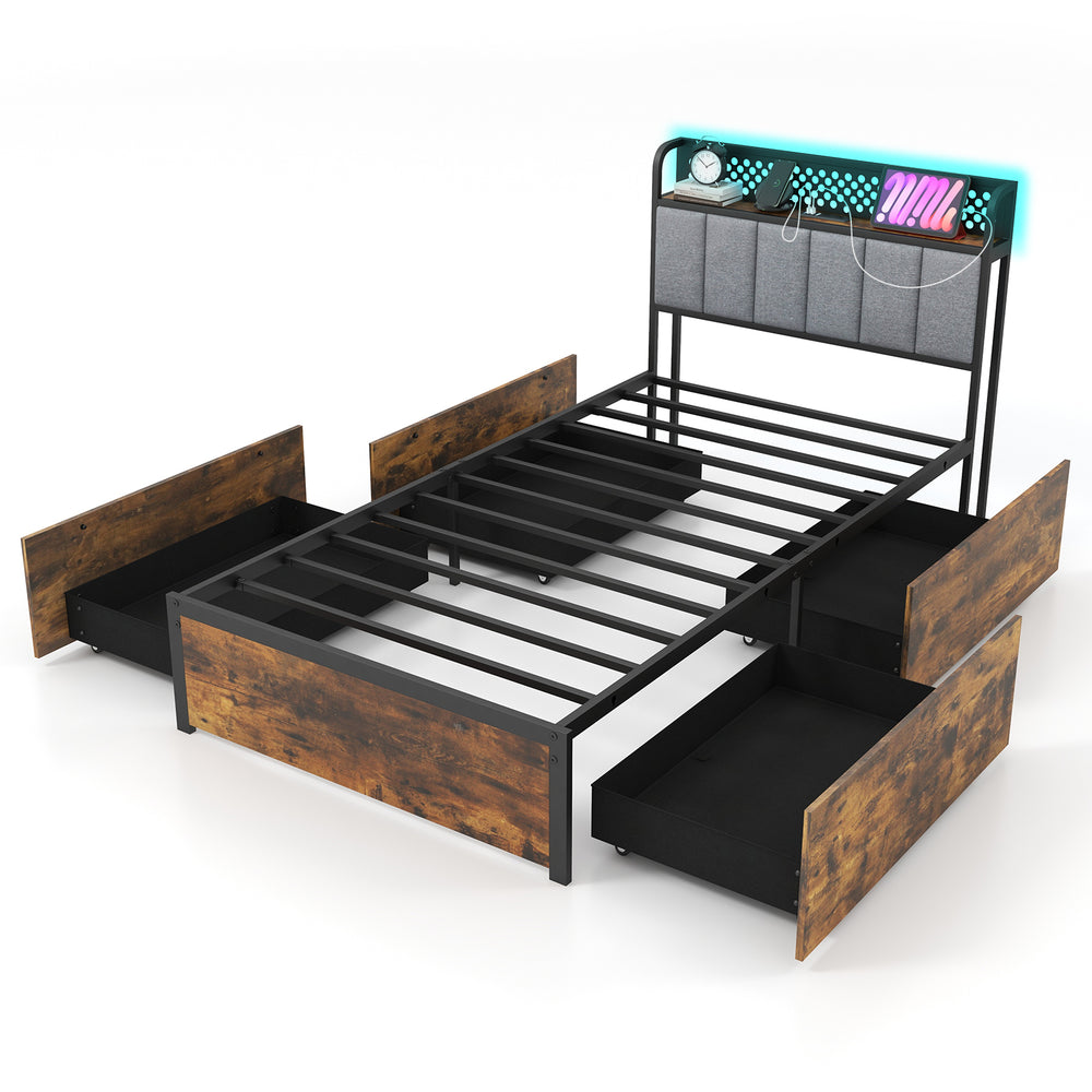 Twin bed frame with LED lights, upholstered headboard, and 4 storage drawers in rustic wood grain finish.