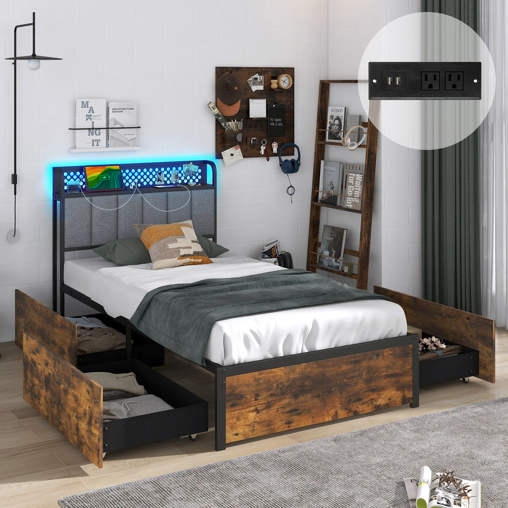Twin bed frame with a rustic wood grain finish, featuring a stylish upholstered headboard and customizable LED lighting.