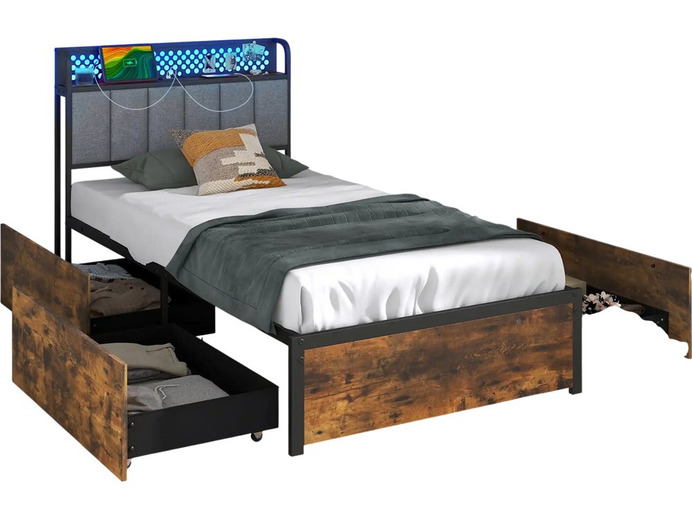 Twin bed frame with LED lights, upholstered headboard, and 4 storage drawers in rustic wood grain finish for stylish.
