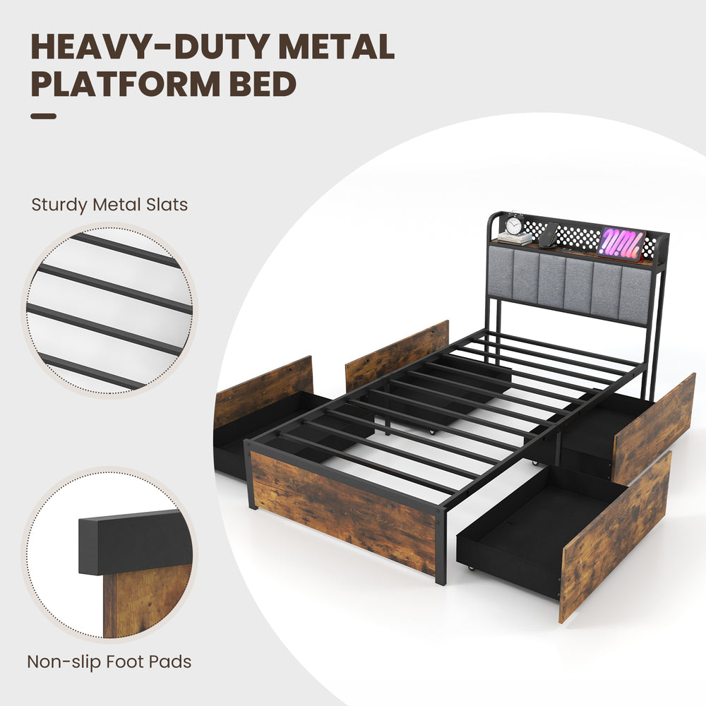 Twin bed frame with upholstered headboard, LED lights, and four storage drawers in rustic wood grain finish.