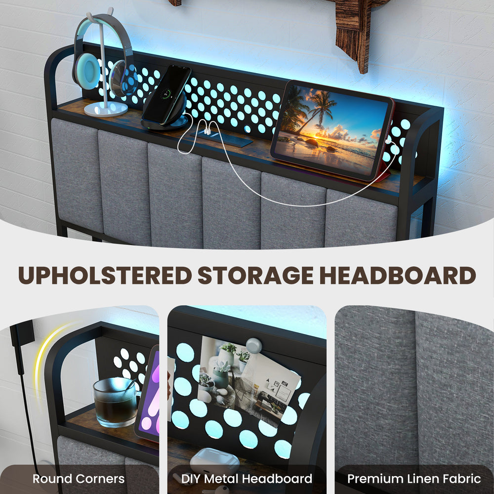 Upholstered storage headboard with LED lights, featuring breathable fabric and 4 large storage drawers for twin bed.