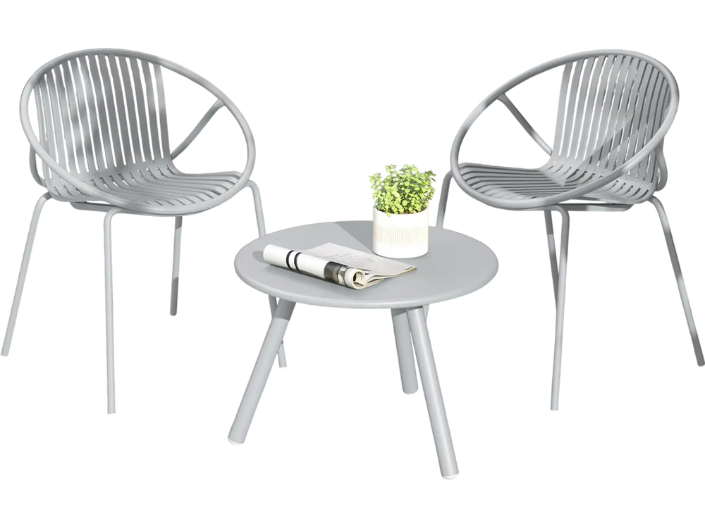 Gray all-weather PP patio conversation set featuring a round coffee table and two ergonomic chairs for outdoor use.