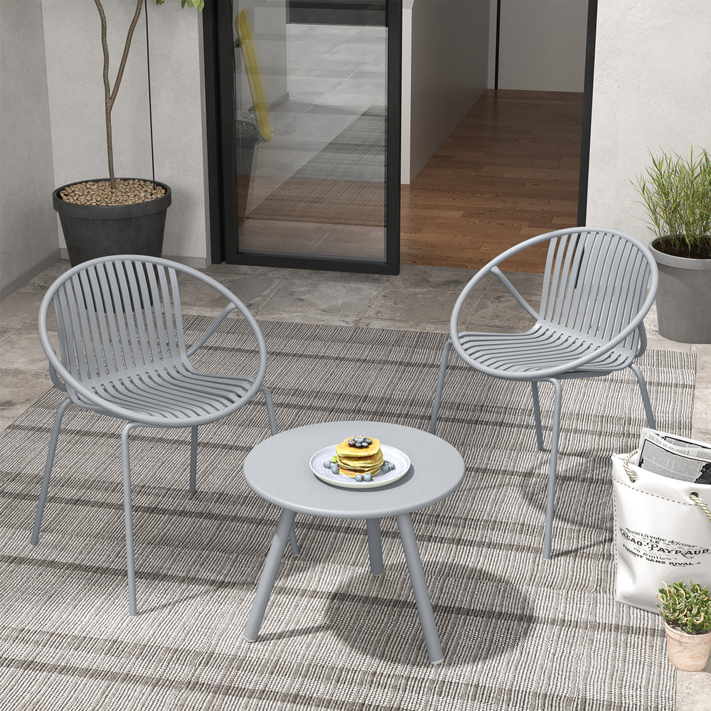 Gray patio conversation set featuring a round coffee table and two ergonomic chairs, perfect for indoor or outdoor use.