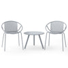 Gray all-weather patio conversation set featuring a round coffee table and two ergonomic chairs, ideal for indoor and.