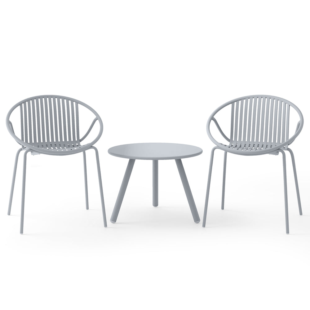 Gray all-weather patio conversation set featuring a round coffee table and two ergonomic chairs, ideal for indoor and.