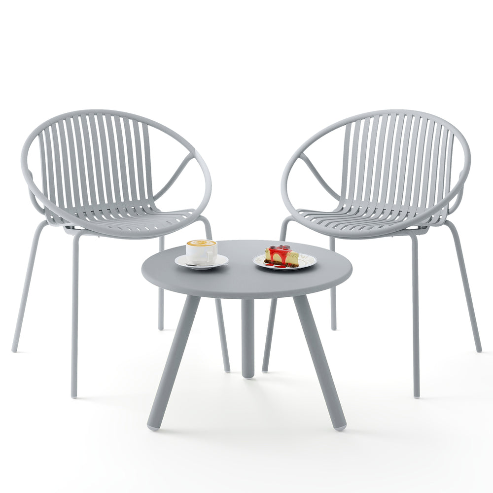 Gray patio conversation set featuring a round coffee table and two ergonomic chairs, perfect for indoor and outdoor use.