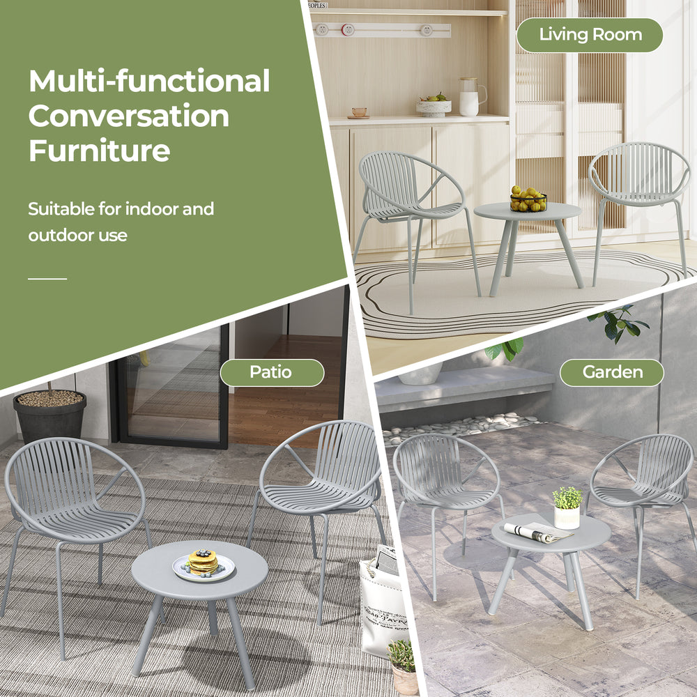 Gray all-weather PP patio conversation set featuring a round coffee table and two ergonomic chairs for indoor and.