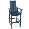 Tall blue Adirondack bar stool with ergonomic backrest, wide armrests, and footrest for outdoor comfort.