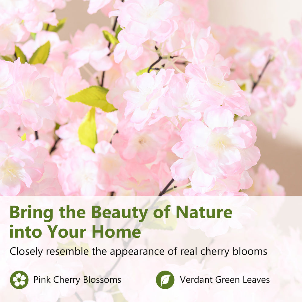 5 FT tall artificial cherry blossom tree with pink flowers and green leaves, perfect for home or office decoration.