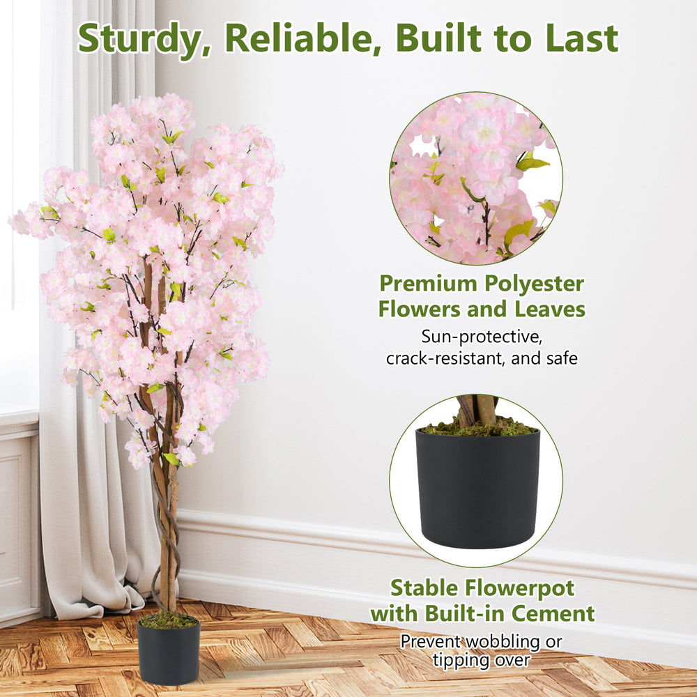 5 FT tall artificial cherry blossom tree with pink flowers in a stable flowerpot, perfect for home or office decoration.