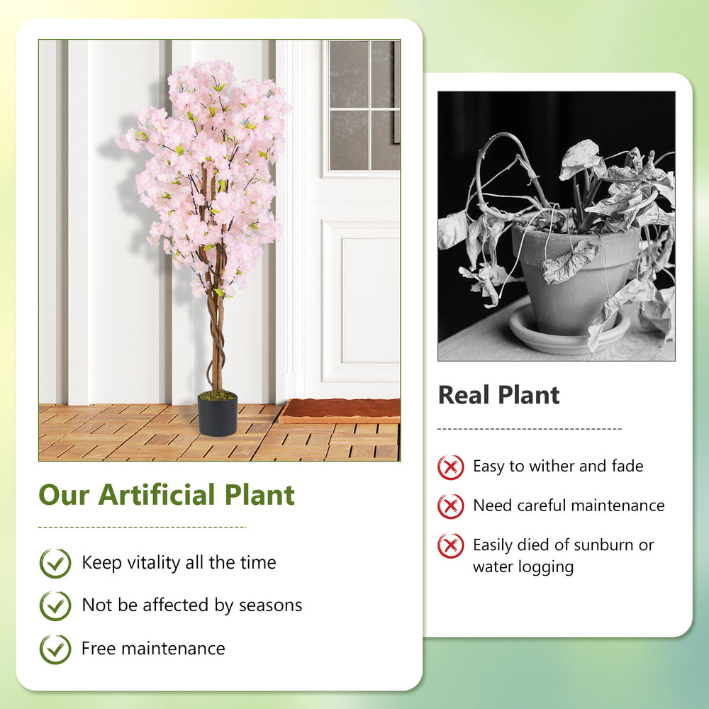 5 FT tall artificial cherry blossom tree with pink flowers, realistic moss, and stable flowerpot for home or office.