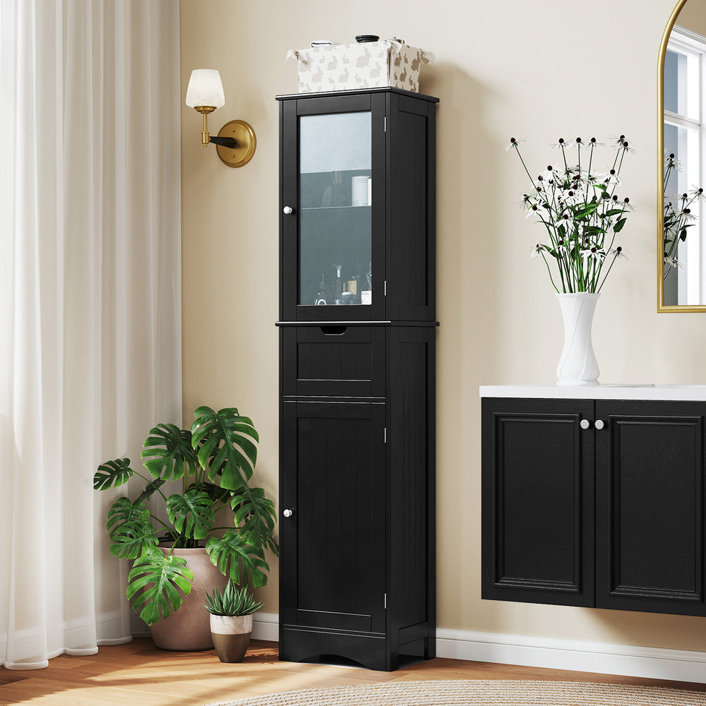 Tall Floor Storage Cabinet with 2 Doors and 1 Drawer for Bathroom-Black - Gallery View 1 of 10