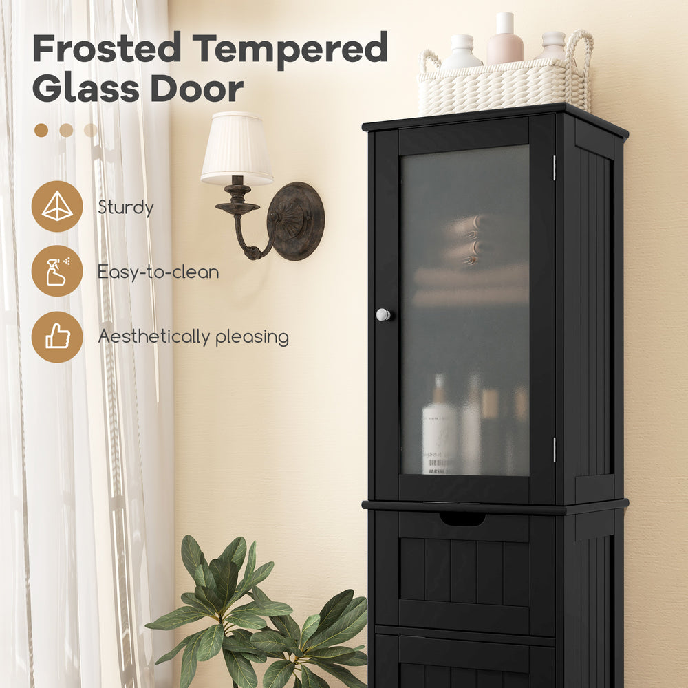 Tall black floor storage cabinet with frosted tempered glass door, featuring 2 cabinets and 1 drawer for bathroom.
