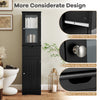 Tall black floor storage cabinet with two doors and one drawer, featuring adjustable shelves for bathroom organization.