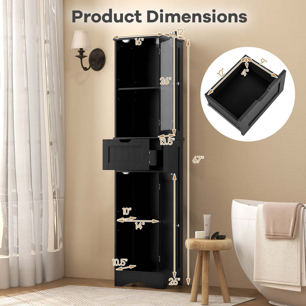 Tall black floor storage cabinet with 2 doors and 1 drawer, featuring adjustable shelves and a slim design for.