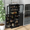 Tall black kitchen pantry cabinet with dual tempered glass doors, showcasing organized storage and modern design for.