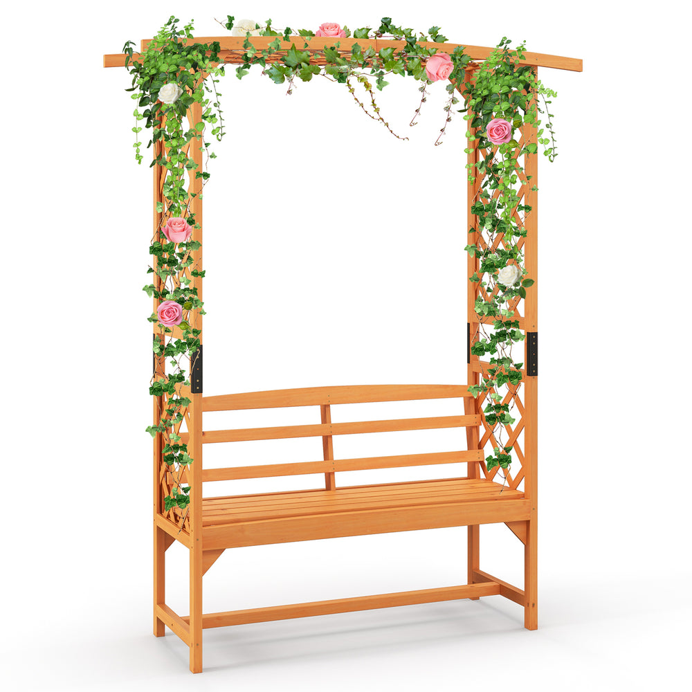 6.5 FT tall patio garden arbor with a 2-seat bench, made of natural fir wood, perfect for garden decoration.