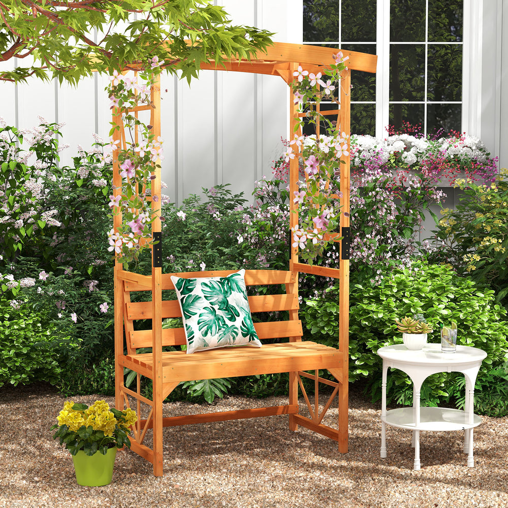 Patio garden arbor with a 2-seat bench made of natural fir wood, perfect for garden decoration and climbing plants.