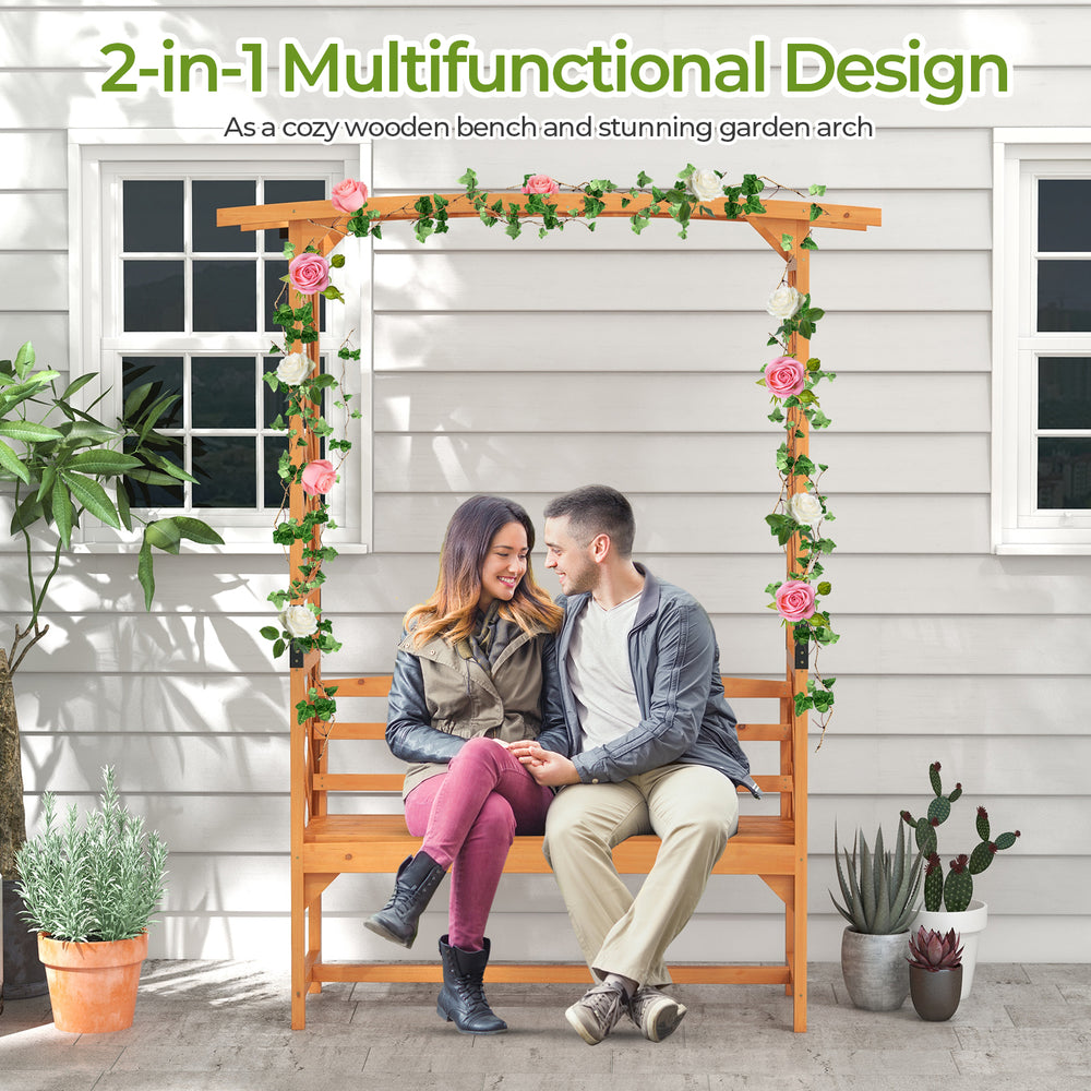Wooden bench with garden arbor, made of natural fir wood, perfect for backyard decoration and supporting climbing.