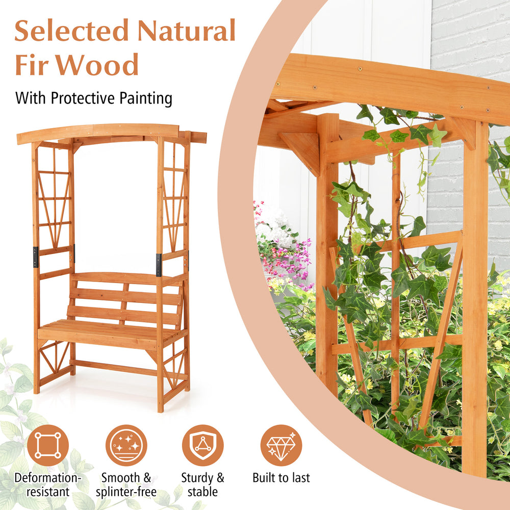 Patio garden arbor with a 2-seat bench made of natural fir wood, featuring climbing trellises for garden decoration.