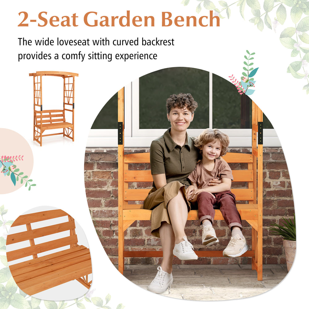 2-seat garden bench made of natural fir wood with a curved backrest, perfect for outdoor relaxation and decoration.