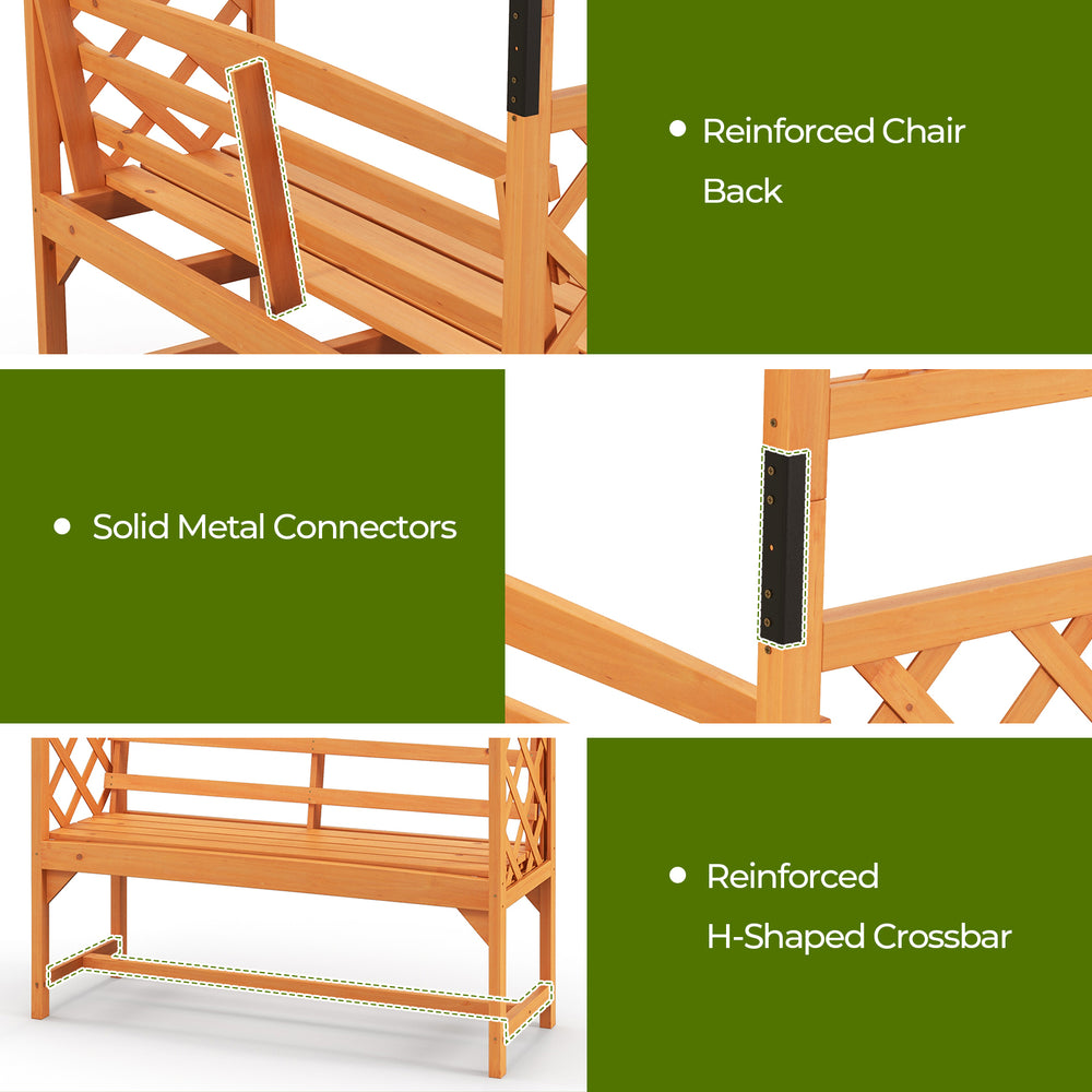 Reinforced chair back and solid metal connectors of the 6.5 FT tall patio garden arbor with bench for outdoor decor.