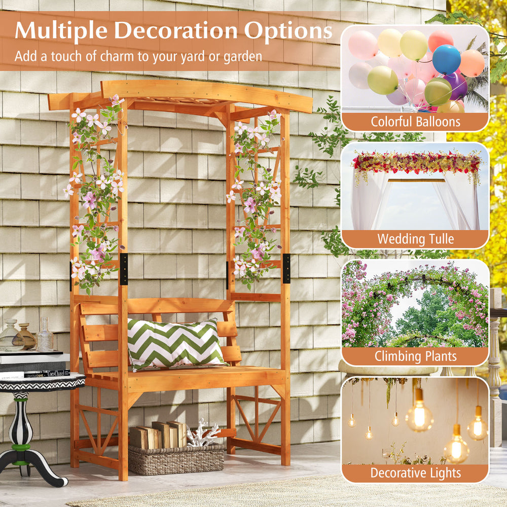 Patio garden arbor with a 2-seat bench made of natural fir wood, ideal for garden decoration and supporting climbing.