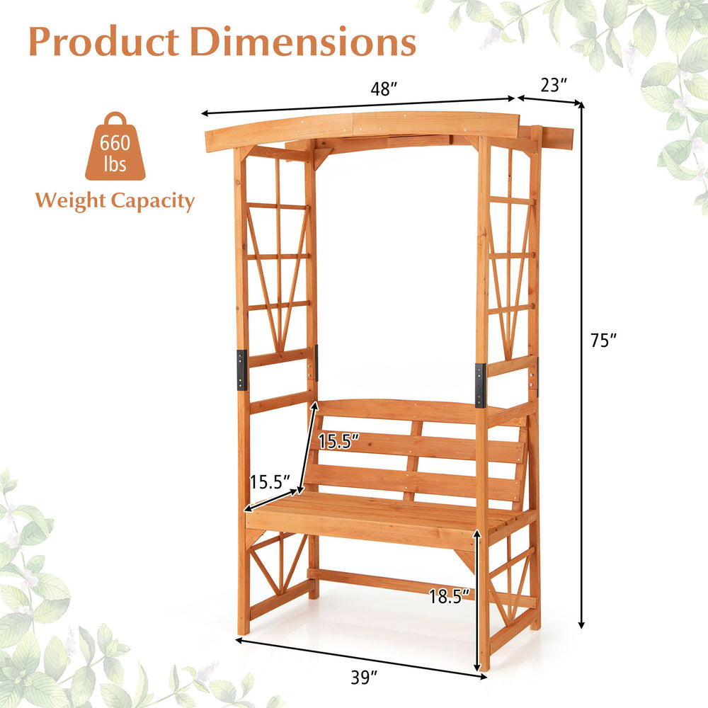Patio garden arbor with a 2-seat bench, made of natural fir wood, perfect for backyard decoration and climbing plants.