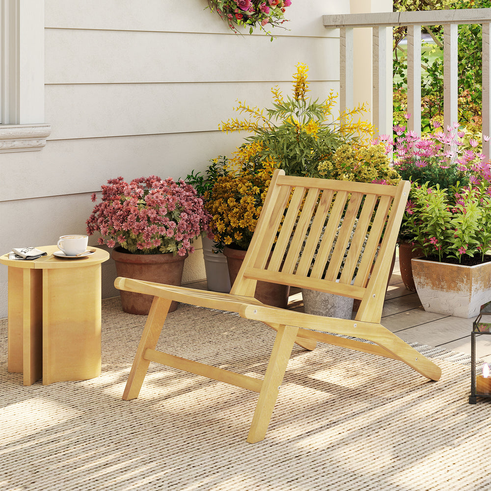 Teak wood outdoor reclining chair with a comfortable backrest, perfect for patios and backyards.