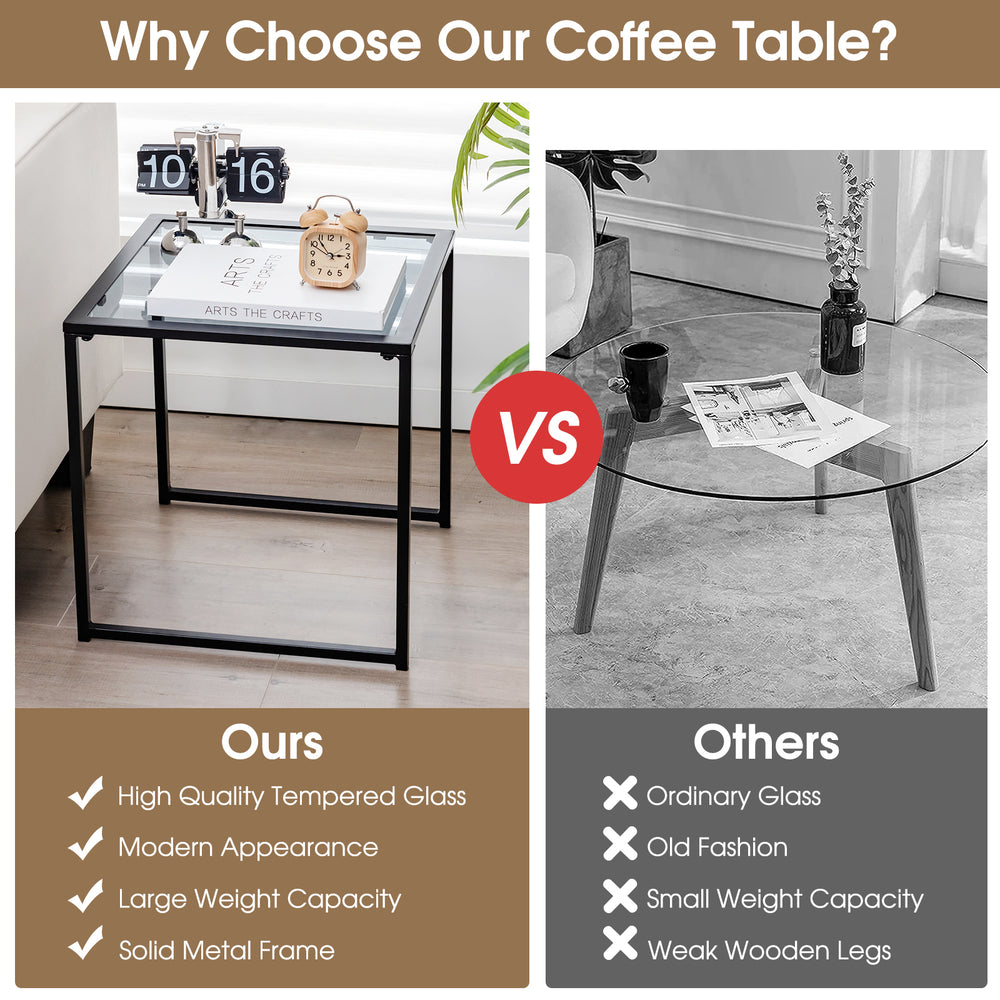 Tempered glass side table with a sturdy metal frame, ideal for indoor and outdoor use, featuring a sleek design.