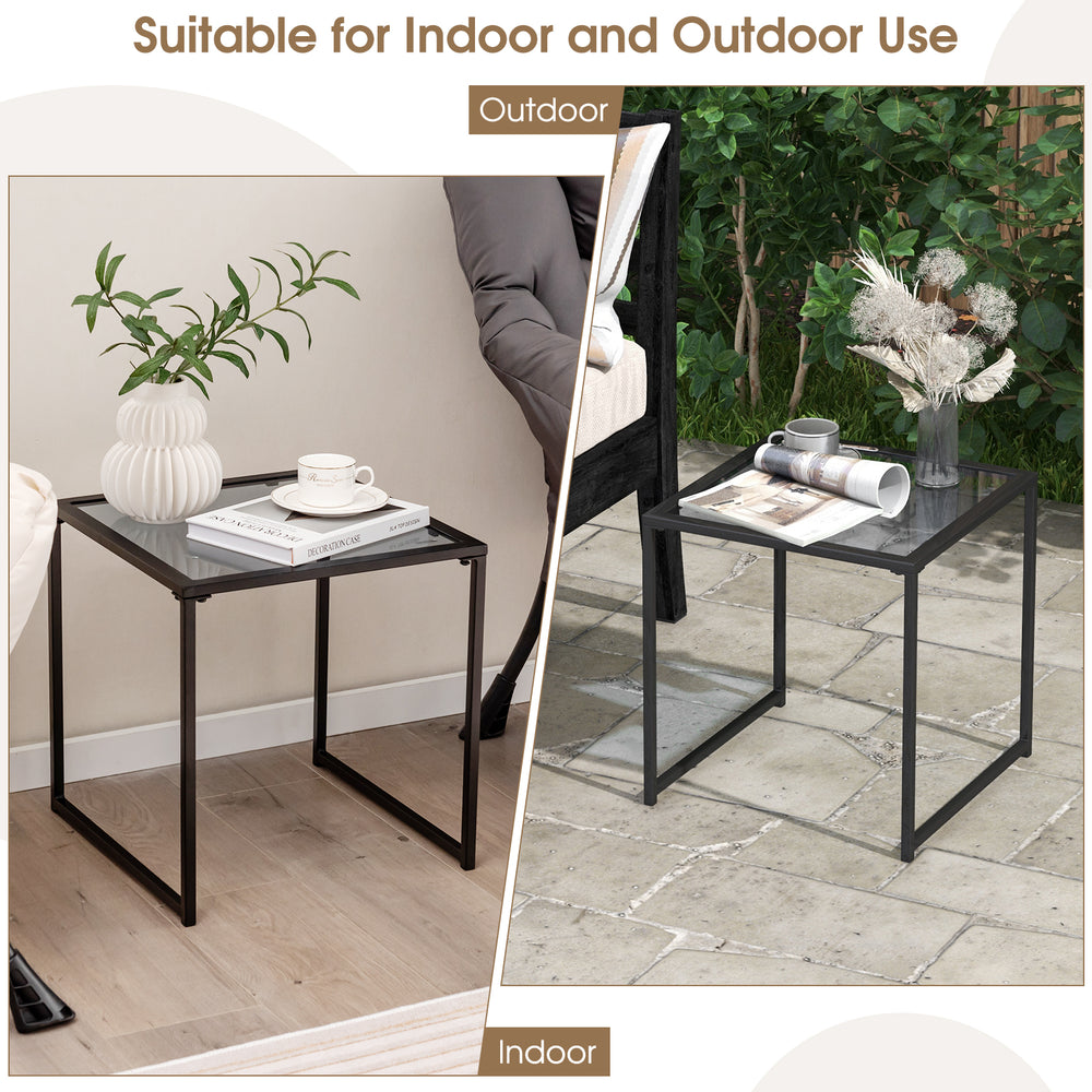 Tempered glass side table with a sturdy metal frame, suitable for indoor and outdoor use, perfect for patios and.