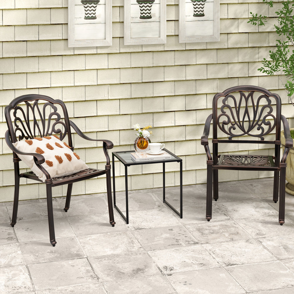 Square tempered glass side table with powder-coated metal frame, ideal for indoor and outdoor use on patios or.