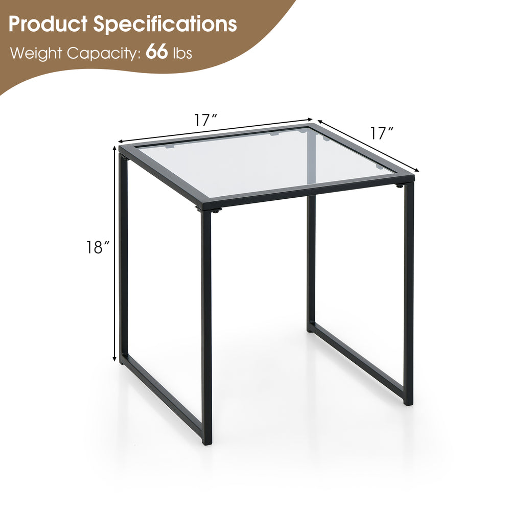 Tempered glass side table with a sturdy metal frame, 17"x17"x18", perfect for indoor and outdoor use.