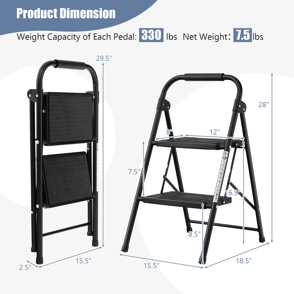 Dimensions of the 2-step ladder, showcasing weight capacity of 330 lbs and compact folding size for easy storage.