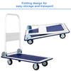 Foldable platform cart dolly with blue vinyl deck and four wheels for easy transport and storage in home or office.