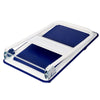 Foldable platform cart dolly with blue vinyl deck, designed for easy storage and smooth loading, suitable for various.