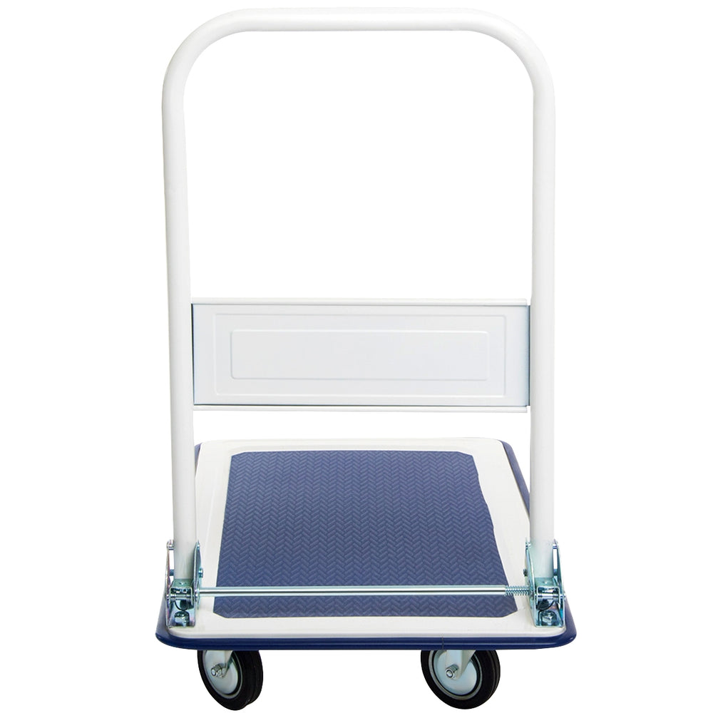Foldable platform cart dolly with blue vinyl deck, 330 lbs capacity, ideal for home, office, and warehouse use.