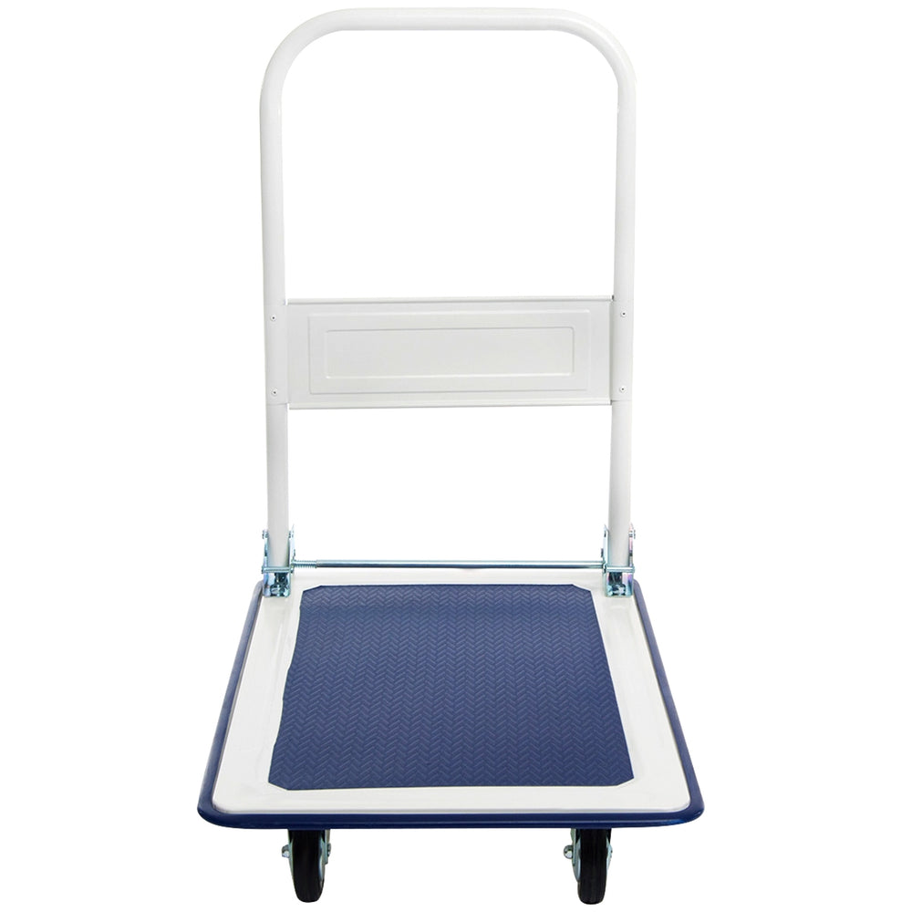Foldable platform cart dolly with blue vinyl deck, designed for easy loading and storage, ideal for home or office use.