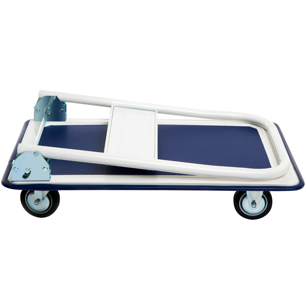 Foldable platform cart dolly with blue vinyl deck and four wheels, ideal for easy loading and storage in various.