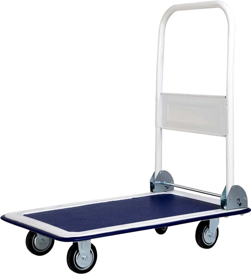 Foldable platform cart dolly with blue vinyl deck, 330 lbs capacity, ideal for home and office use.