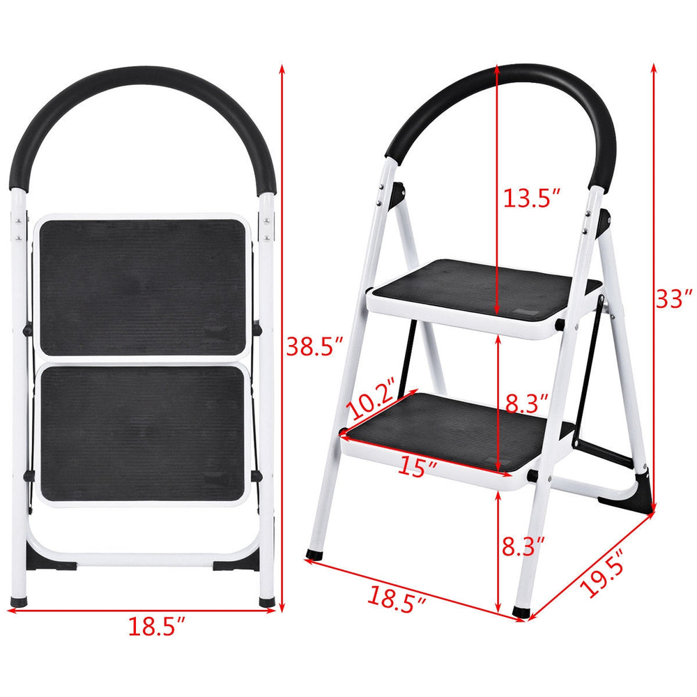 Folding step stool with iron frame and anti-slip pedals, featuring two steps for safe access in home or office tasks.