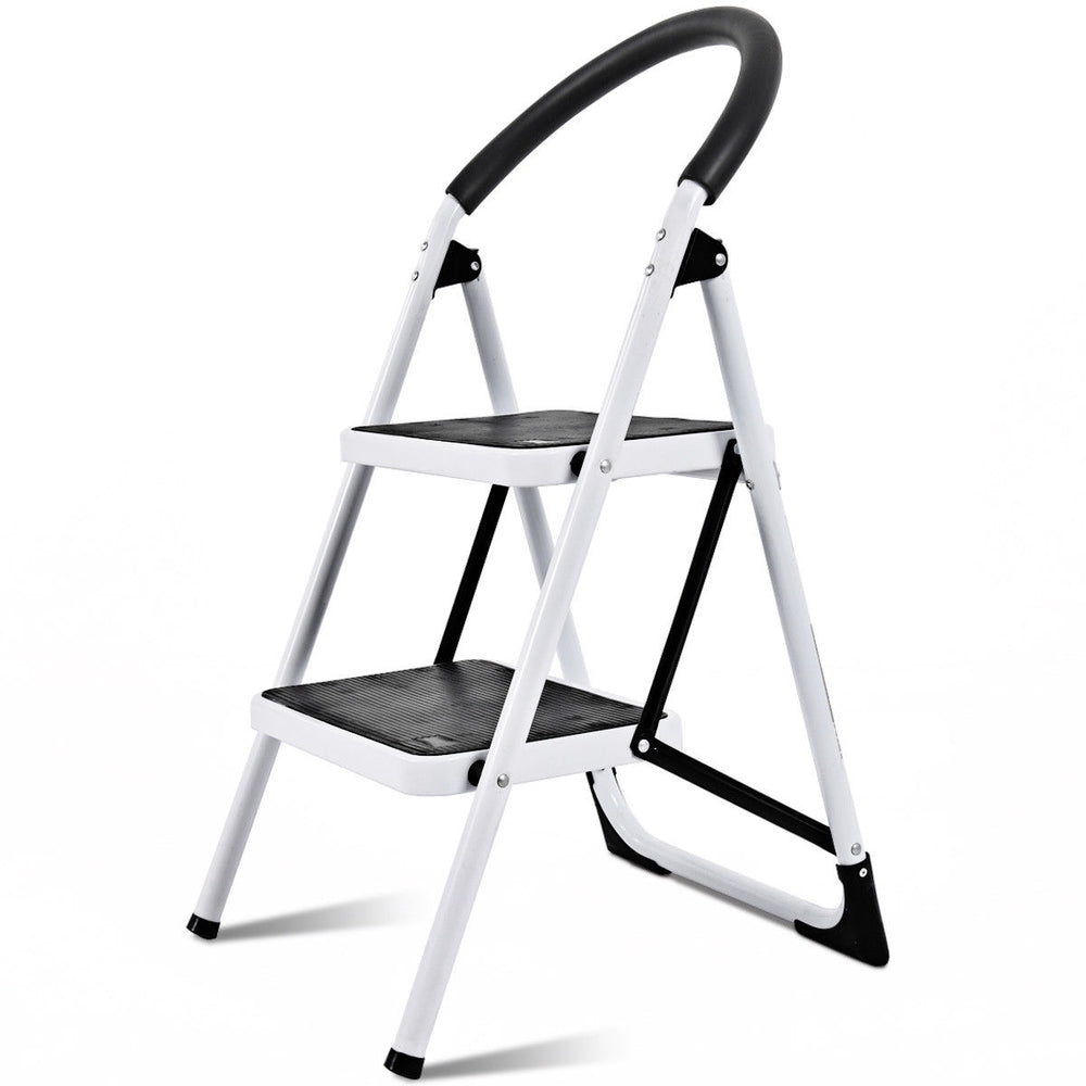 Folding step stool with iron frame, anti-slip pedals, and armrest for safety; ideal for kitchen and garage tasks.