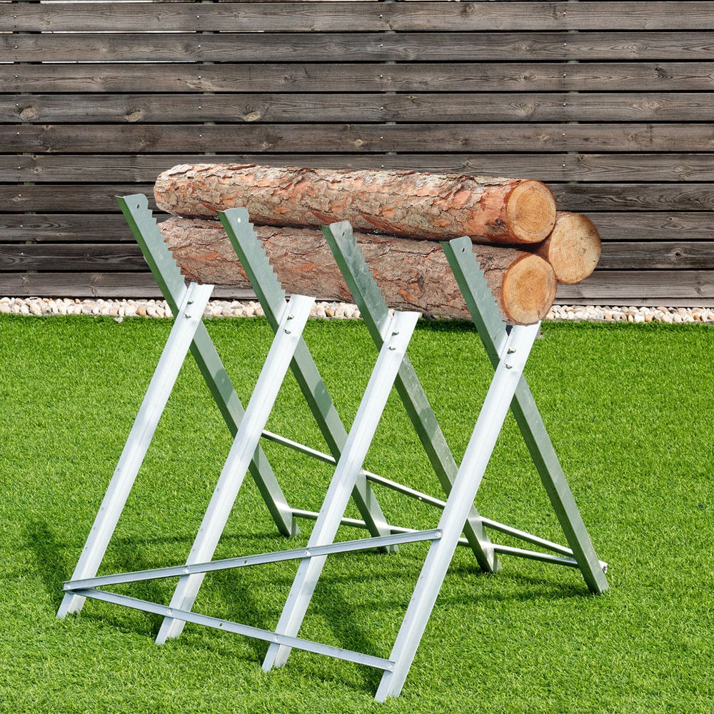 Heavy duty portable foldable steel sawhorse supporting logs, designed for stability and easy transport.