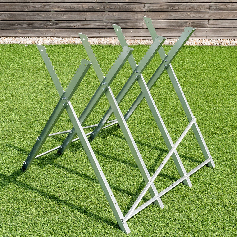 Heavy duty portable foldable steel sawhorse showcasing its sturdy triangular design, ideal for on-site woodworking.