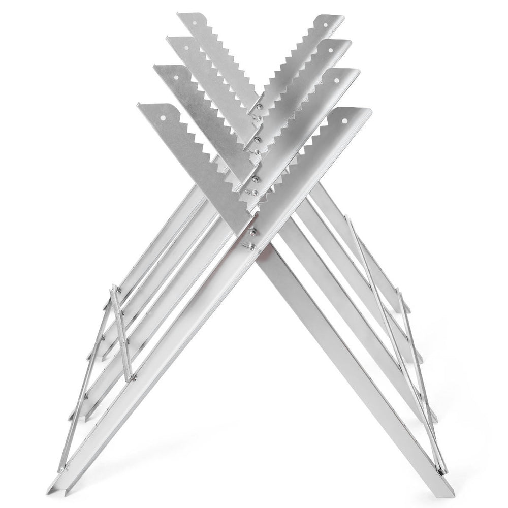 Heavy duty portable foldable steel sawhorse with triangular structure, supporting 220 lbs for efficient woodworking.