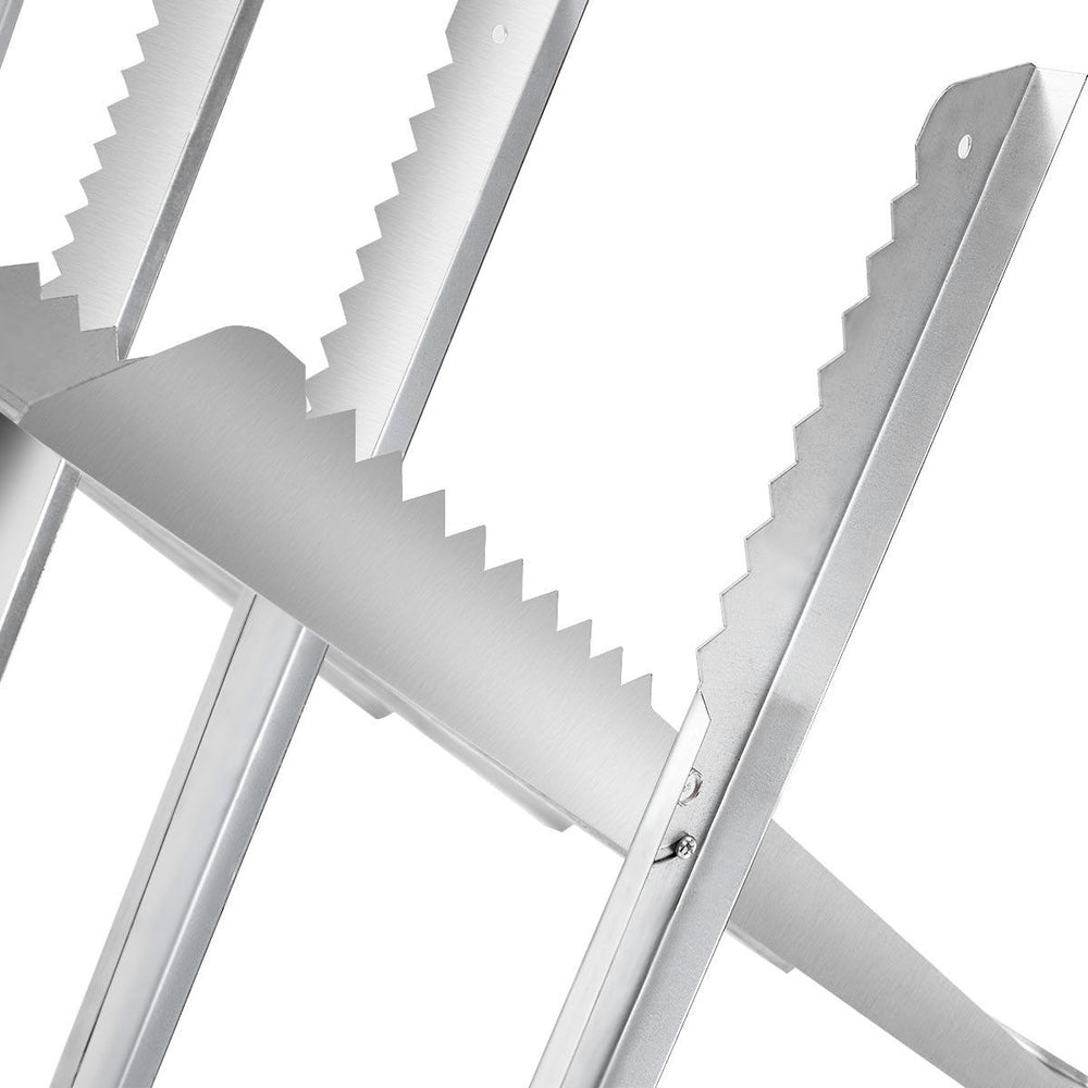 Close-up of the heavy-duty steel sawhorse with saw tooth design, supporting 220 lbs for stable wood placement.