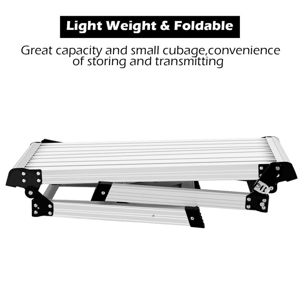Folding aluminum step ladder with sturdy construction, skid-resistant feet, and compact design for easy storage and.