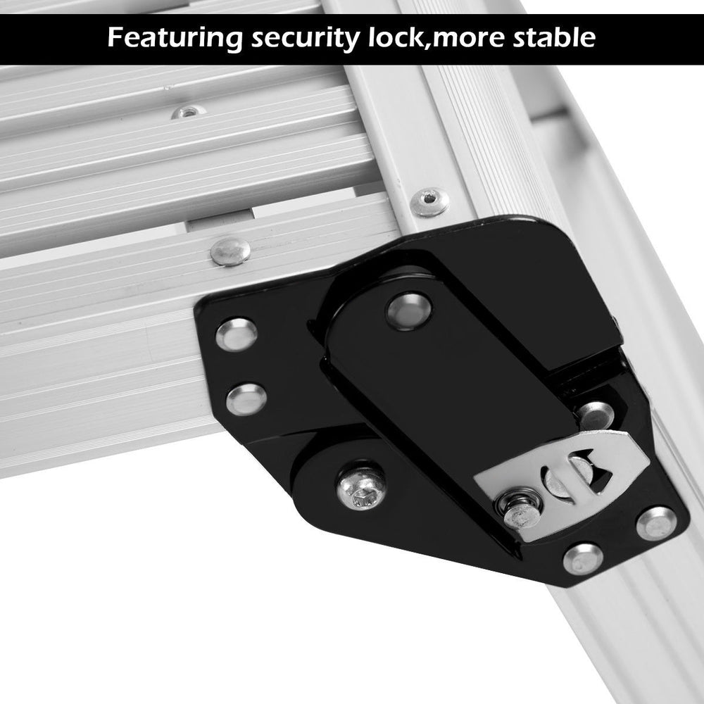 Close-up of the security lock on the Heavy Duty Portable Aluminum Folding Step Ladder for added stability and safety.