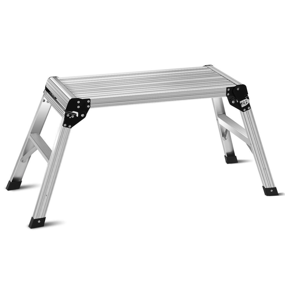 Heavy duty portable aluminum folding step ladder with locking legs and skid-resistant feet for safety and stability.